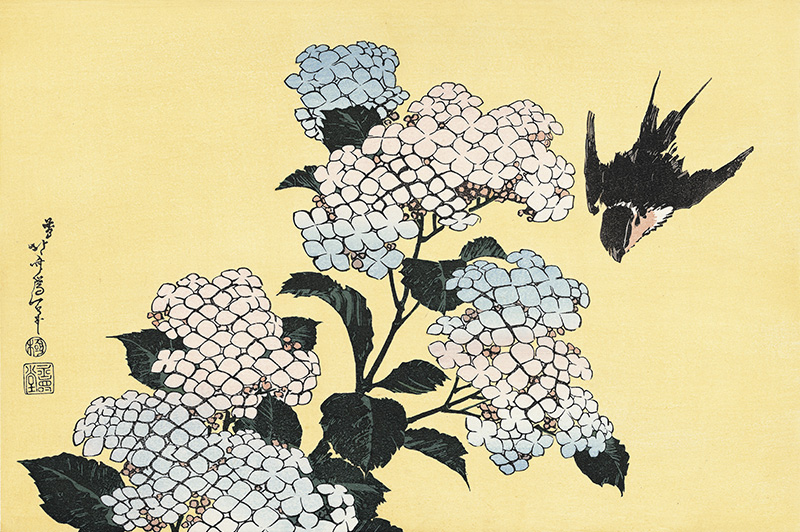 作品名：花鳥版画「紫陽花に燕」 作者：葛飾北斎 時代：江戸時代・19世紀 所蔵：東京国立博物館